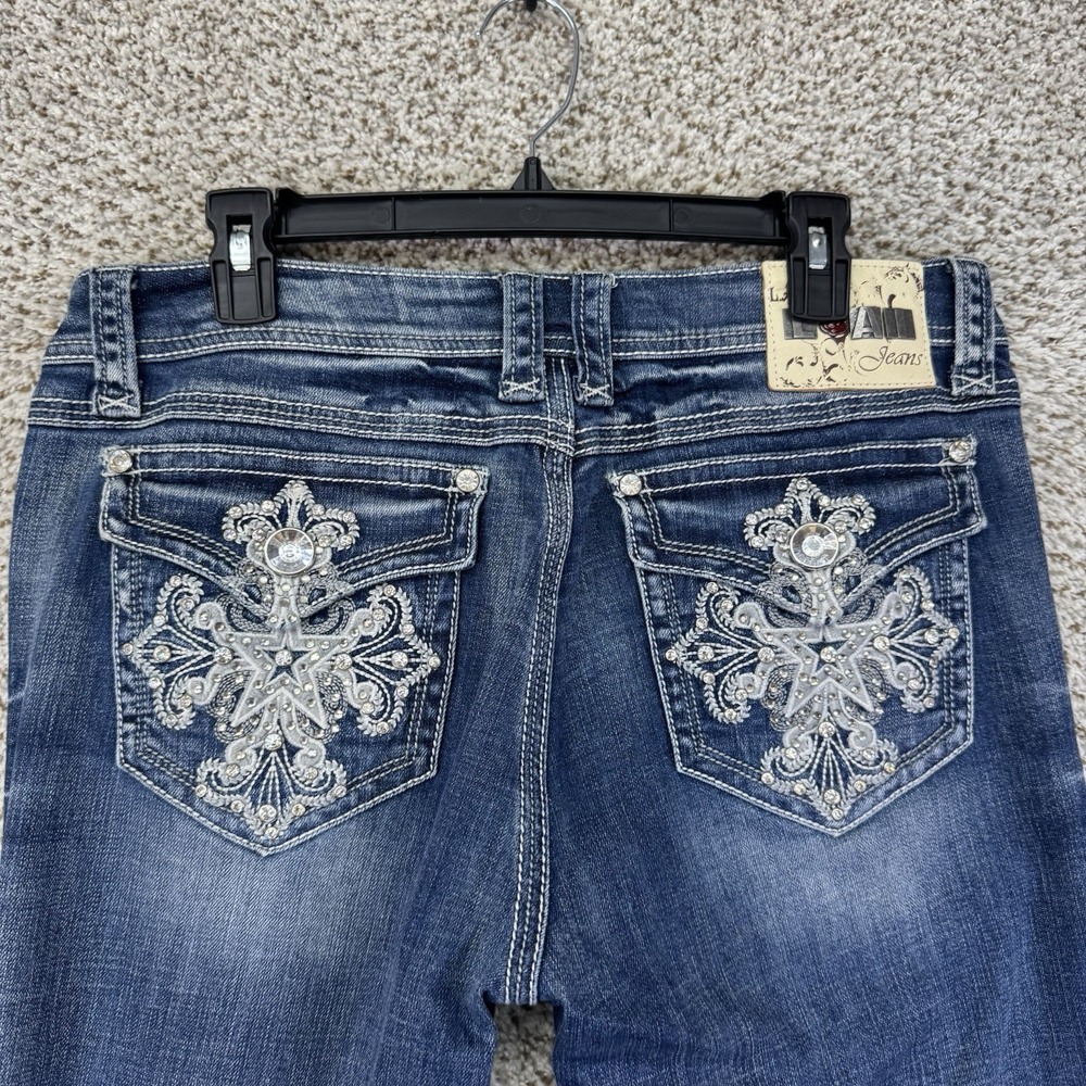 La Idol Jeans Women's Size 13 35x34 Rhinestones Back Pocket Flaps Bootcut Denim - Picture 3 of 16